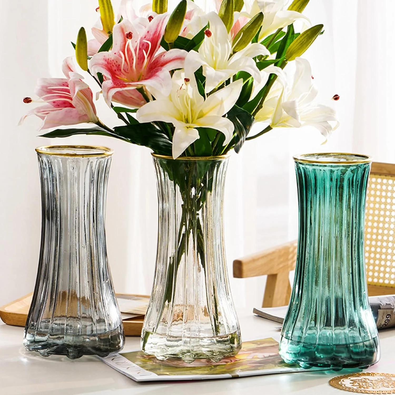 گلدان شیشه ای شفاف بزرگ مدرن Qiccijoo برای دکوراسیون منزل و دفتر کار، گلدان شیشه ای بلند رومیزی برای هدیه عروسی و خانه نویی (شفاف)
