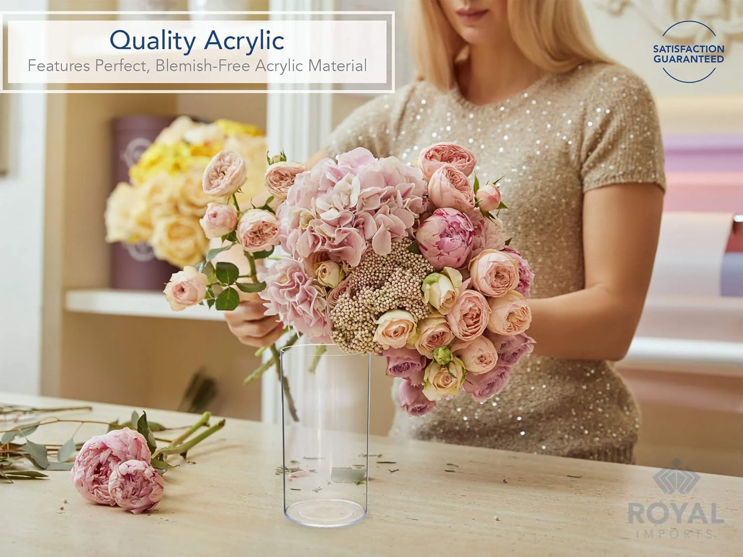 گلدان استوانه ای اکریلیک Royal Imports - تزیینی برای منزل یا عروسی - پلاستیک نشکن، 5"X10" گرد بلند - شفاف