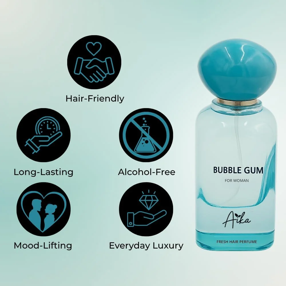 عطر زنانه آیکا با رایحه آدامس بادکنکی 50 میلی لیتر، عطر ماندگار زنانه برای مو و بدن، عطر بدون الکل زنانه با رایحه آدامس بادکنکی و مشک سفید، رایحه شیرین و شاداب با لیمو