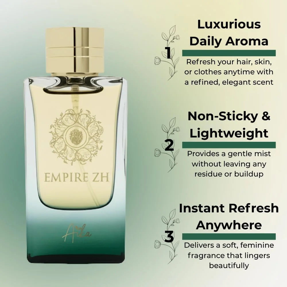 عطر زنانه آیکا Empire ZH حجم 80 میلی لیتر، عطر ماندگار زنانه برای بدن و مو، عطر بدون الکل زنانه با رایحه های چرم، کندر و چوب