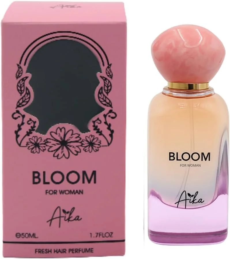 عطر زنانه آیکا مدل Bloom حجم 50 میلی لیتر، عطر ماندگار زنانه برای بدن و مو، عطر بدون الکل زنانه با رایحه ملایم گلی، مشک سفید با آکورد پودری