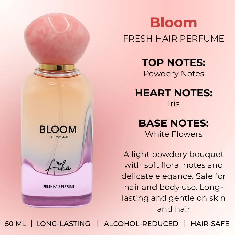 عطر زنانه آیکا مدل Bloom حجم 50 میلی لیتر، عطر ماندگار زنانه برای بدن و مو، عطر بدون الکل زنانه با رایحه ملایم گلی، مشک سفید با آکورد پودری
