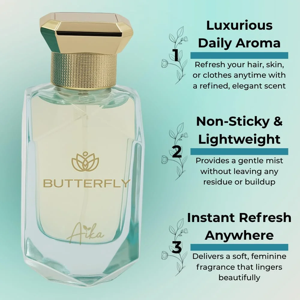 عطر زنانه آیکا مدل Butterfly حجم 80 میلی لیتر، عطر ماندگار برای بدن و مو، عطر بدون الکل با رایحه چرم ادویه دار، نارنج تلخ و چوب عنبر با نت های عمیق چوبی عطر زنانه آیکا مدل Butterfly حجم 80 میلی لیتر، عطر ماندگار برای بدن و مو، عطر بدون الکل با رایحه چرم ادویه دار، نارنج تلخ و چوب عنبر با نت های عمیق چوبی