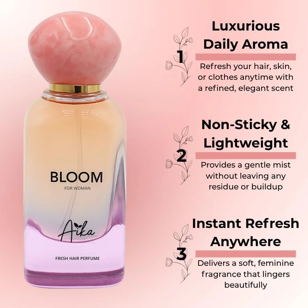 عطر زنانه آیکا مدل Bloom حجم 50 میلی لیتر، عطر ماندگار زنانه برای بدن و مو، عطر بدون الکل زنانه با رایحه ملایم گلی، مشک سفید با آکورد پودری