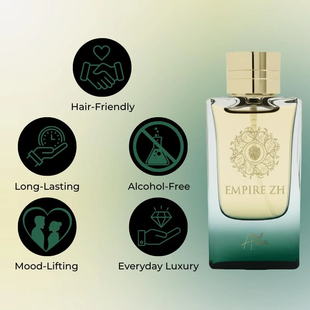 عطر زنانه آیکا Empire ZH حجم 80 میلی لیتر، عطر ماندگار زنانه برای بدن و مو، عطر بدون الکل زنانه با رایحه های چرم، کندر و چوب