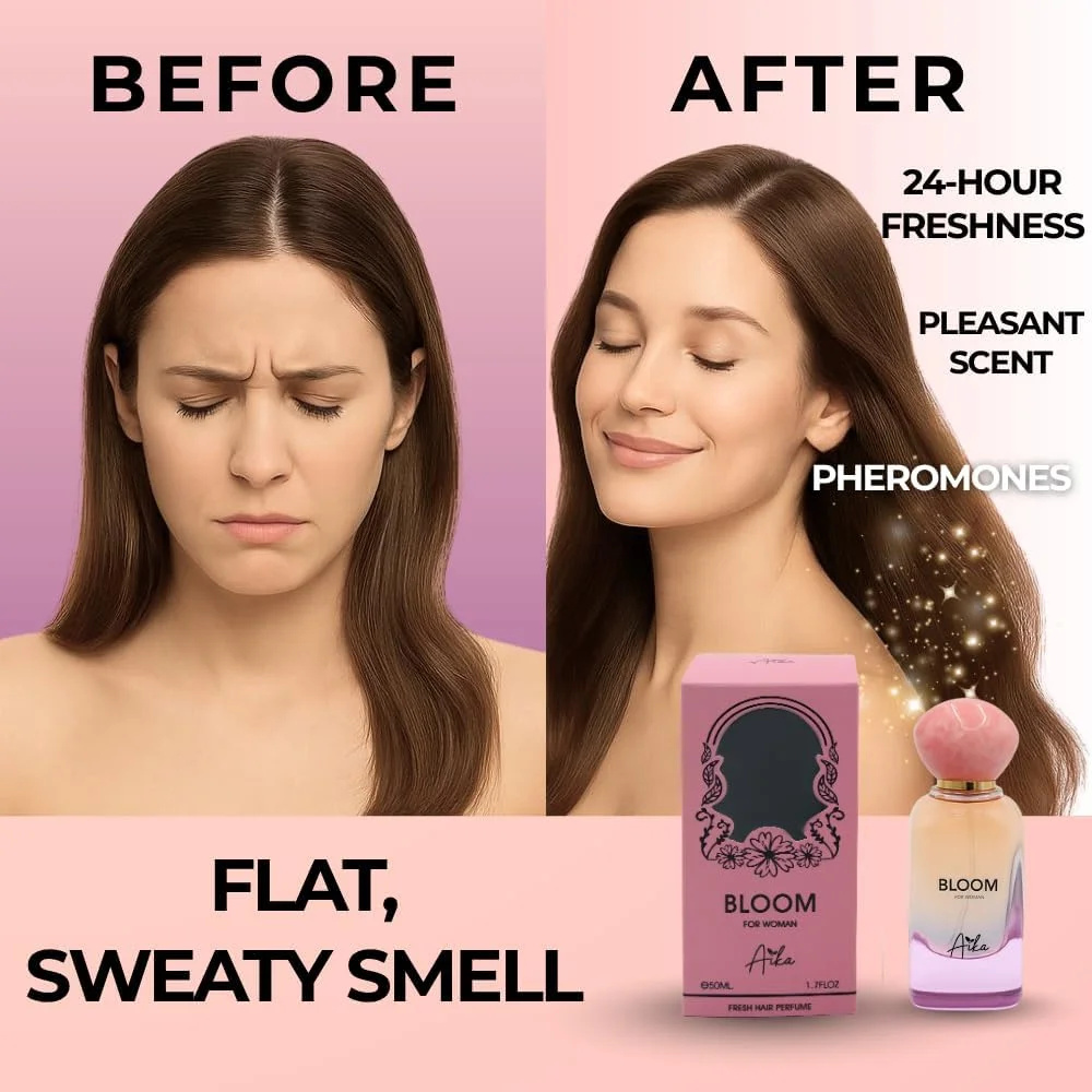 عطر زنانه آیکا مدل Bloom حجم 50 میلی لیتر، عطر ماندگار زنانه برای بدن و مو، عطر بدون الکل زنانه با رایحه ملایم گلی، مشک سفید با آکورد پودری