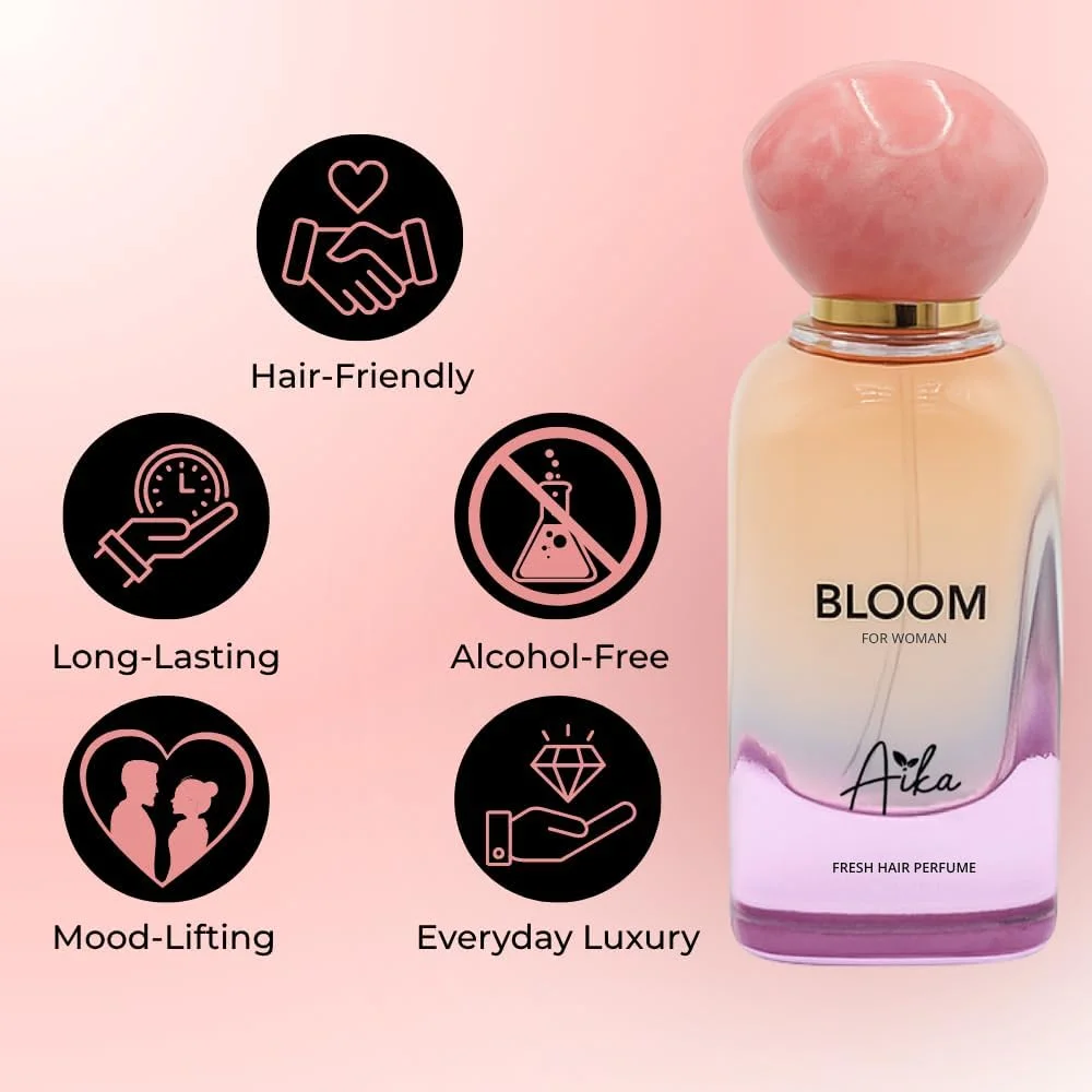 عطر زنانه آیکا مدل Bloom حجم 50 میلی لیتر، عطر ماندگار زنانه برای بدن و مو، عطر بدون الکل زنانه با رایحه ملایم گلی، مشک سفید با آکورد پودری
