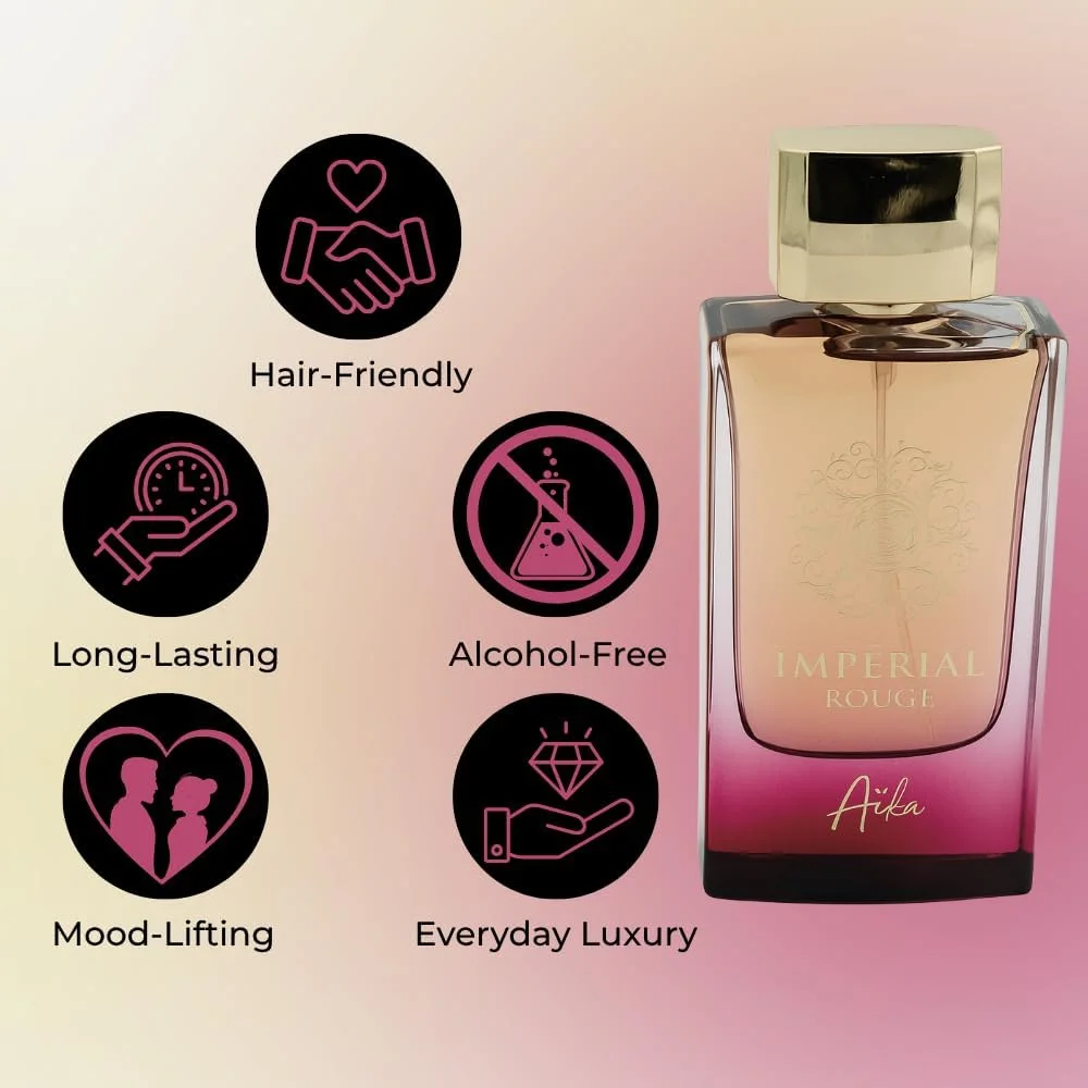 عطر زنانه آیکا مدل Imperial Rouge حجم 80 میلی لیتر، عطر ماندگار برای بدن و مو، عطر بدون الکل با رایحه زعفران، گل رز و چوب عنبر، ترکیبی از رایحه گل و ادویه عطر زنانه آیکا مدل Imperial Rouge حجم 80 میلی لیتر، عطر ماندگار برای بدن و مو، عطر بدون الکل با رایحه زعفران، گل رز و چوب عنبر، ترکیبی از رایحه گل و ادویه