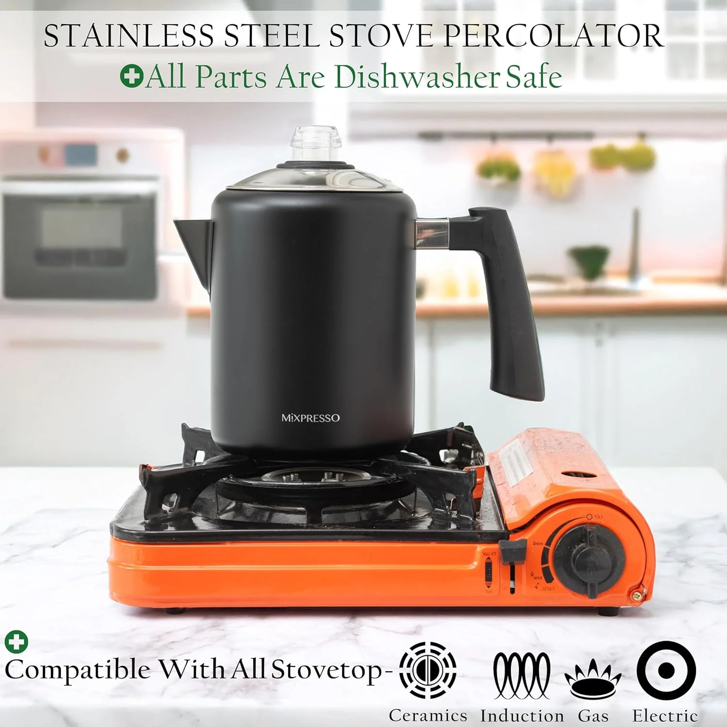 قهوه ساز پرکولاتور استیل ضد زنگ مشکی Mixpresso، قهوه جوش پرکولاتور روگازی