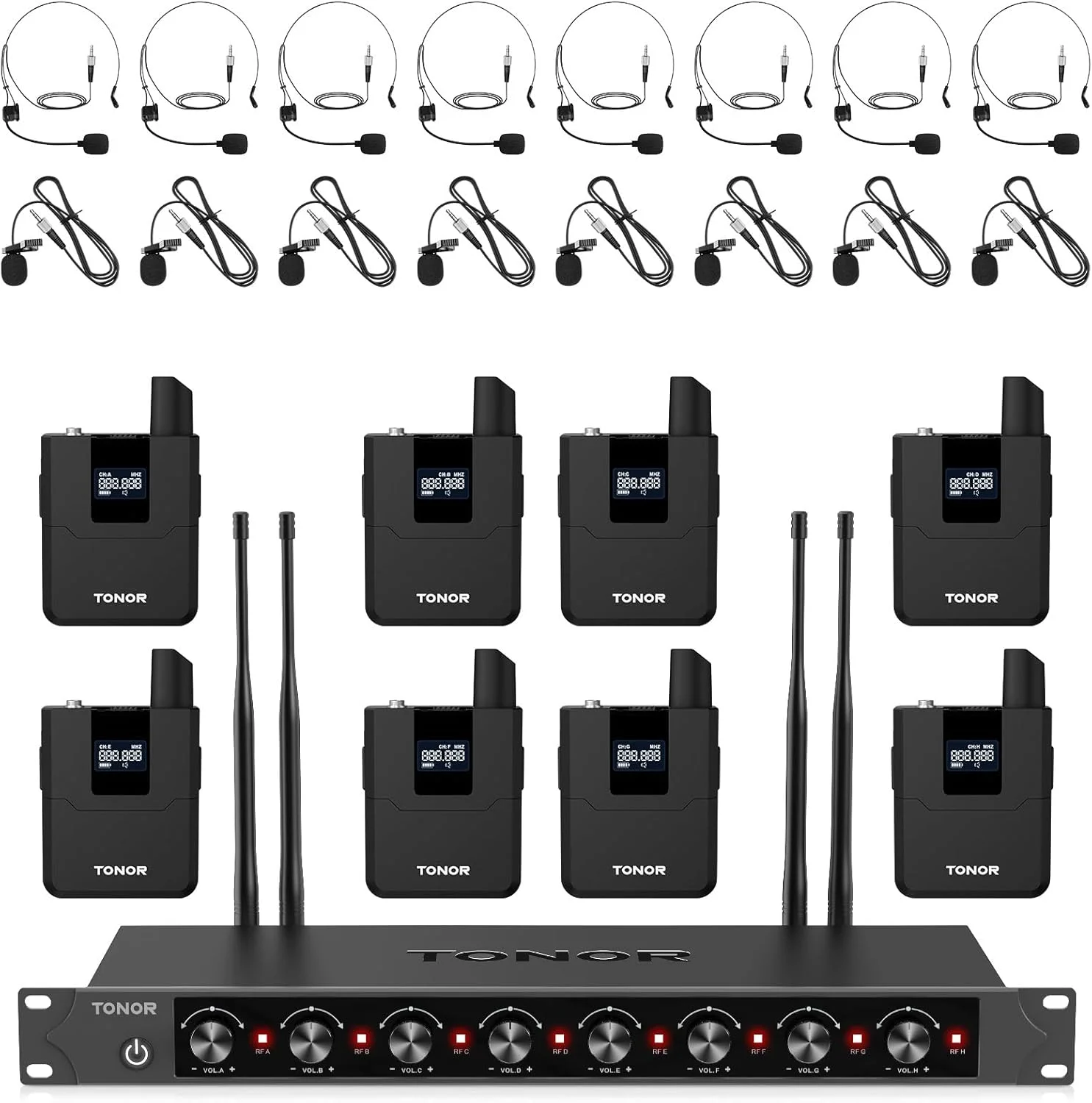 سیستم میکروفون بی سیم TONOR با 8x12 کانال میکروفون هدست/یقه ای، فرستنده بدنه، گیرنده، برد 295 فوت UHF برای کنفرانس کلیسا، اجرای آواز، کارائوکه، میکسر بلندگوی PA