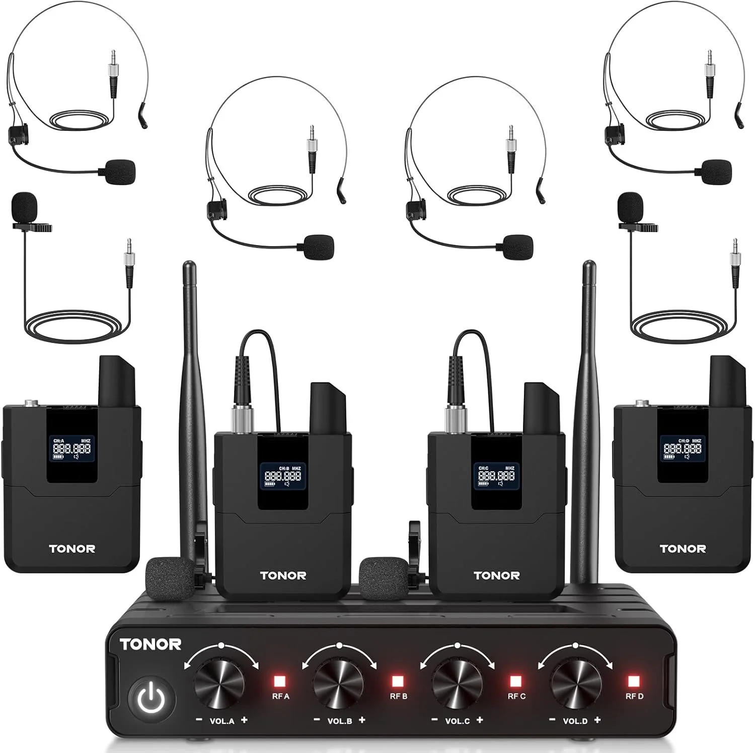 مجموعه میکروفون بی سیم UHF تونور با 4 فرستنده بدنه/هدست/میکروفون یقه ای بی سیم، 4 x 5 فرکانس، برد 60 متری، میکروفون بی سیم برای آواز، کارائوکه، کلیسا، دی جی، سیستم PA