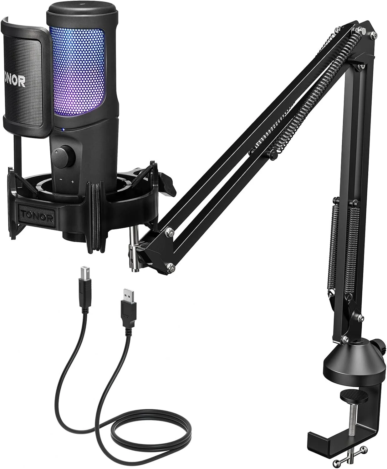 کیت میکروفون گیمینگ USB تونور برای کامپیوتر، میکروفون کاندنسر کاردیوئید با RGB، بازوی بوم قابل تنظیم برای استریم پادکست، ضبط استودیویی، آواز خواندن، دیسکورد، یوتیوب، PS4/5 گیمر TC40 RGB