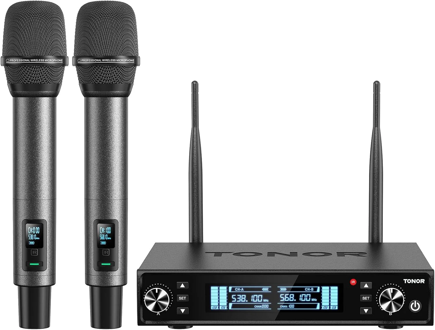 سیستم میکروفون بی سیم TONOR، اسکن و جفت شدن خودکار میکروفون کارائوکه UHF قابل شارژ، میکروفون بی سیم داینامیک حرفه ای 2x100 برای آواز خواندن کلیسا عروسی دی جی با حجم قابل تنظیم، بی صدا کردن سریع 262 فوت TW550