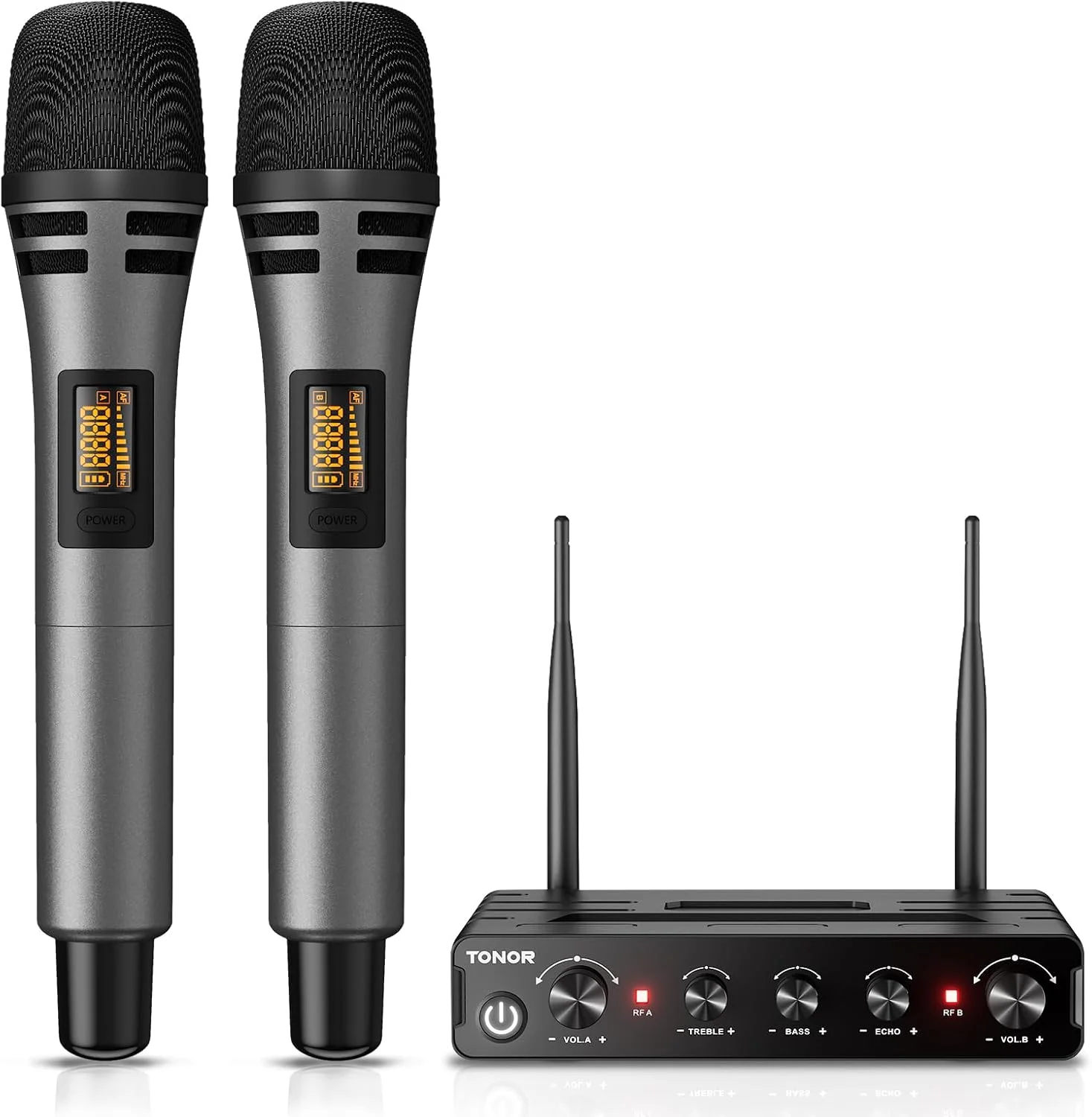 میکروفون کارائوکه بی سیم TONOR، سیستم های میکروفون UHF داینامیک آواز خواندن قابل حمل دوگانه دستی با گیرنده برای کارائوکه، مهمانی، سخنرانی، عروسی، نمایش های دی جی، کلیسا، کنفرانس ها، TW350، خاکستری