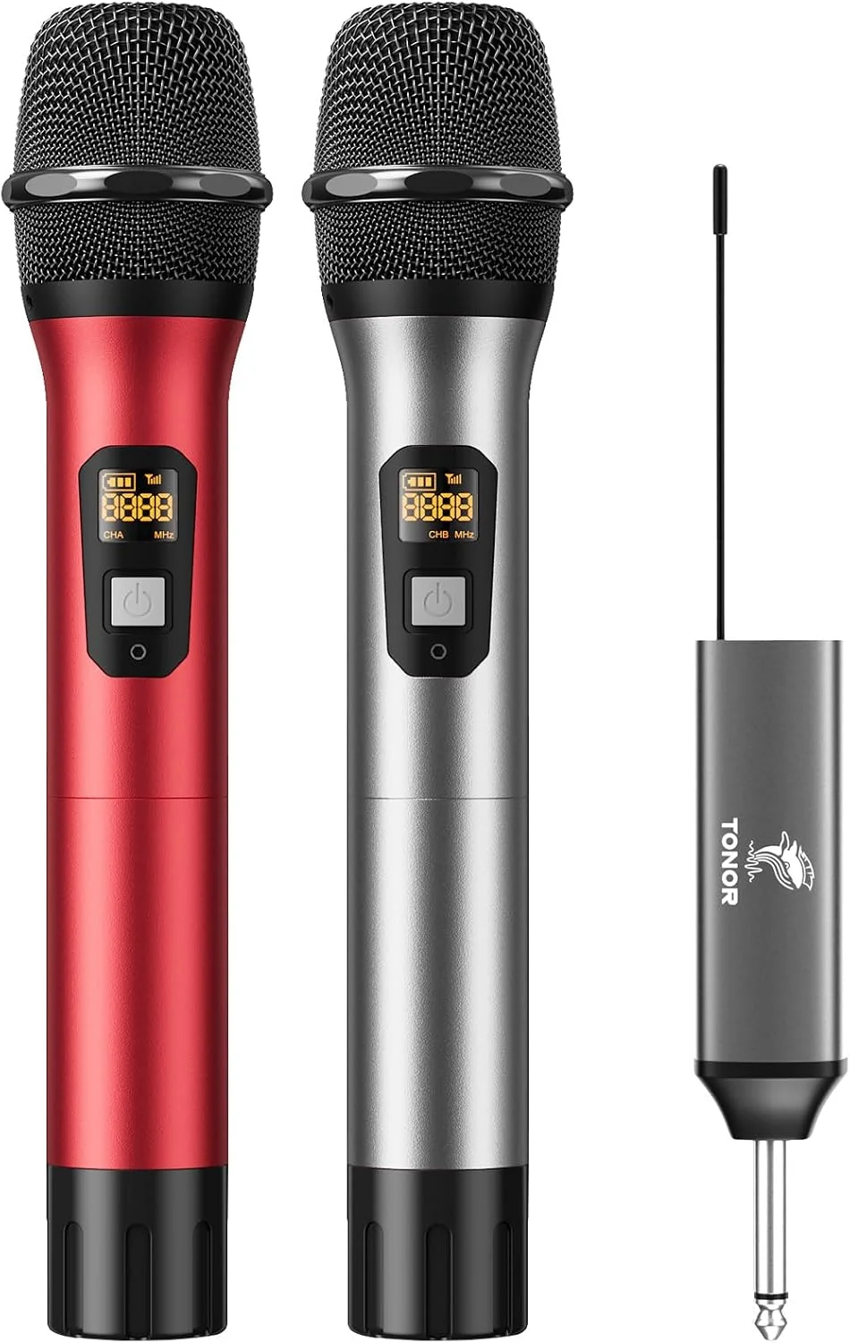 میکروفون بی سیم دوگانه فلزی TONOR UHF با سیستم گیرنده قابل شارژ، ست میکروفون بی سیم برای کارائوکه، دی جی، مهمانی، 60 متر (TW630) نقره ای و قرمز
