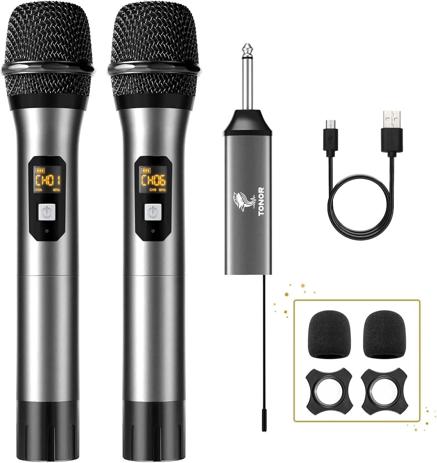 میکروفون بی سیم TONOR TW630، سیستم میکروفون دینامیک فلزی دوگانه UHF با گیرنده قابل شارژ، برای آواز کارائوکه، عروسی، دی جی، مهمانی، سخنرانی، کلیسا، استفاده در کلاس، 200 فوت، نقره ای