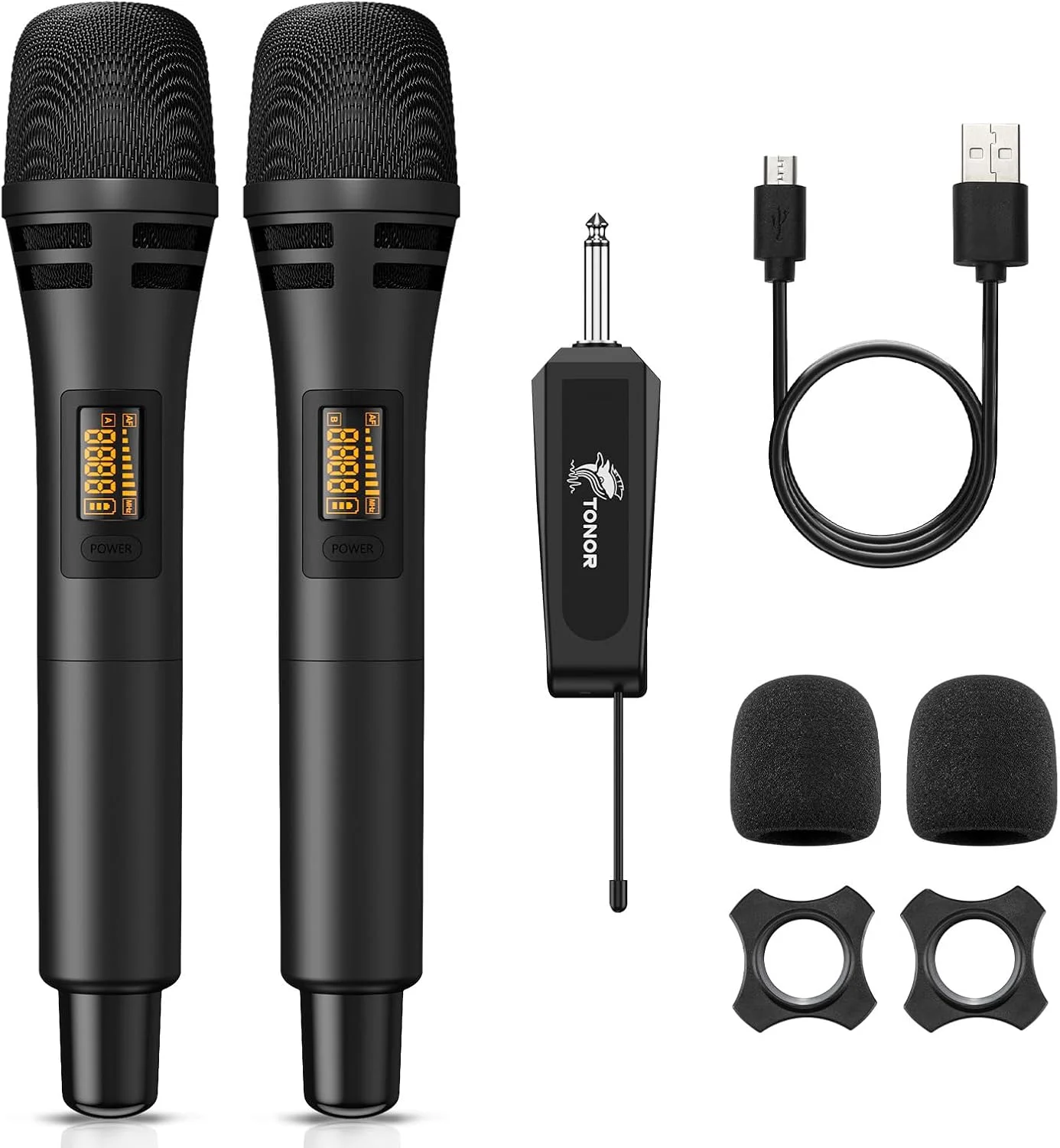 میکروفون بی سیم TONOR، سیستم میکروفون دستی دینامیک بی سیم UHF فلزی با گیرنده قابل شارژ، خروجی 1/4 اینچی برای آمپلی فایر، سیستم PA، دستگاه کارائوکه، 60 متر، مشکی