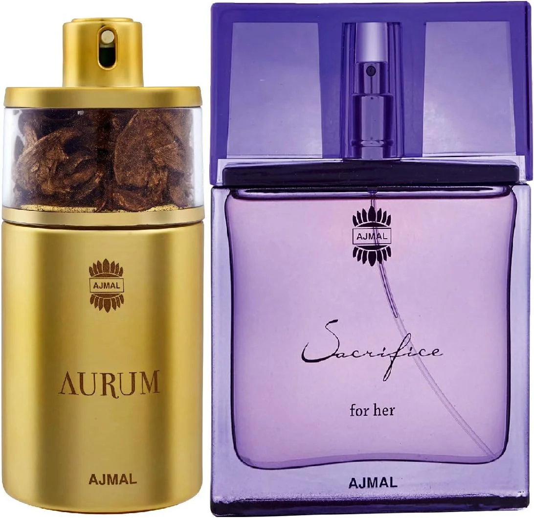 عطر اسپری زنانه ای‌جی‌ام‌ال Aurum Edp با رایحه میوه‌ای و گلی 75 میلی‌لیتر و عطر زنانه Sacrifice For Her Edp با رایحه گلی و مشکی 50 میلی‌لیتر