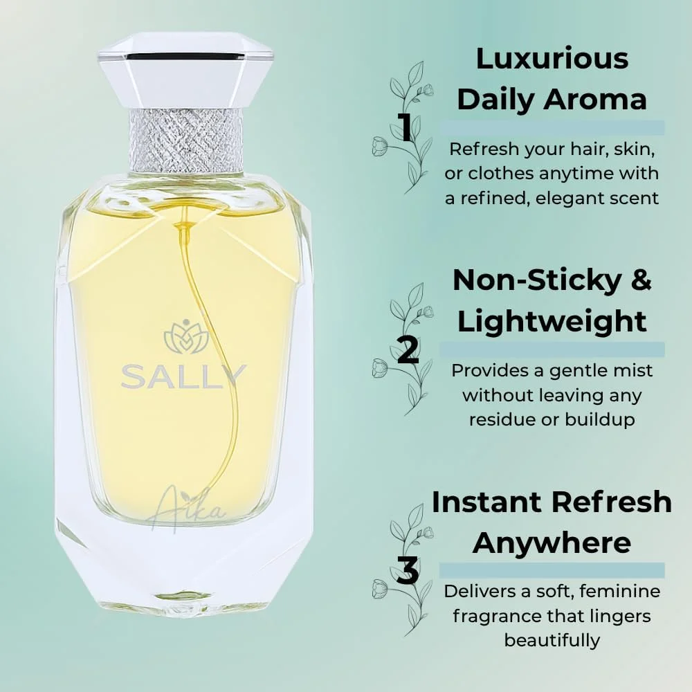 عطر زنانه آیکا Sally با حجم 80 میلی لیتر، عطر ماندگار برای بدن و مو، عطر بدون الکل با رایحه ترنج، گریپ فروت، زنبق و نعناع هندی، رایحه مرکبات تازه و نت های چوبی ملایم