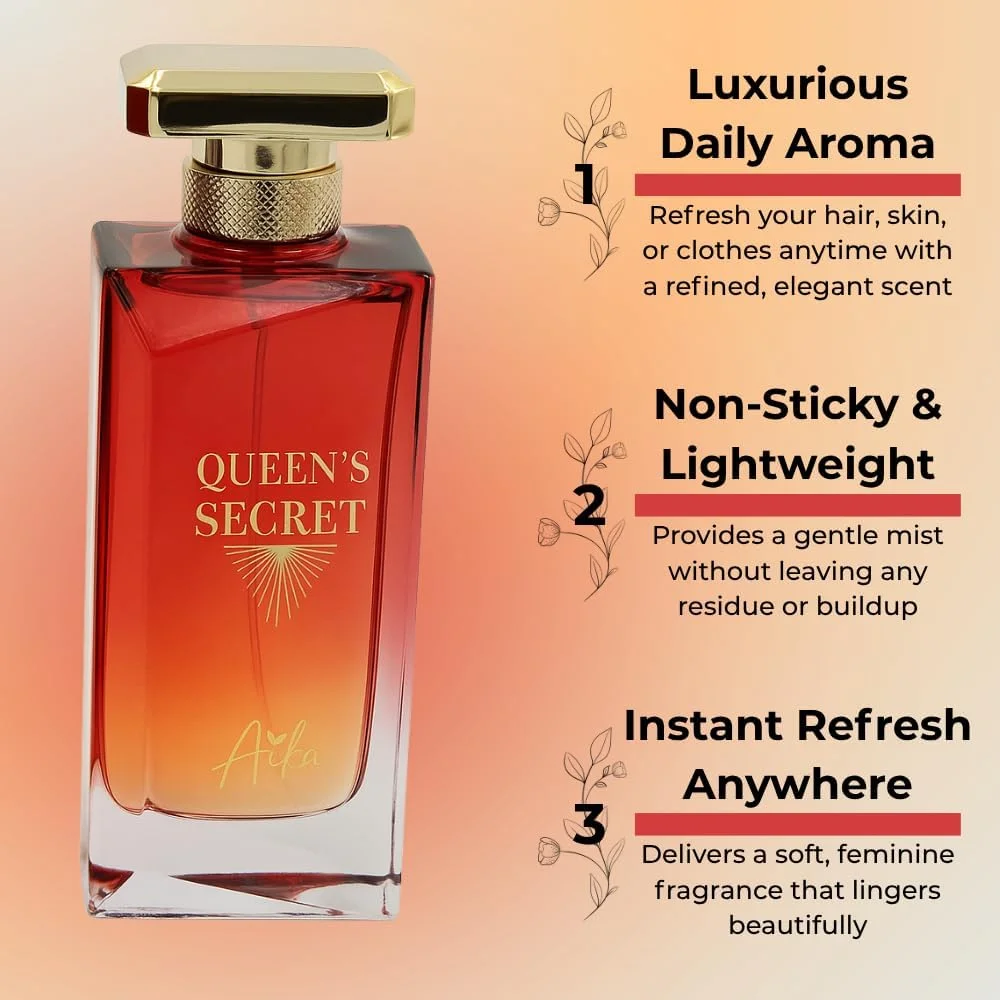 عطر زنانه آیکا مدل Queen’s Secret حجم 80 میلی لیتر، عطر ماندگار برای بدن و مو، عطر بدون الکل با رایحه شکوفه پرتقال، ترنج و گل مریم عطر زنانه آیکا مدل Queen’s Secret حجم 80 میلی لیتر، عطر ماندگار برای بدن و مو، عطر بدون الکل با رایحه شکوفه پرتقال، ترنج و گل مریم