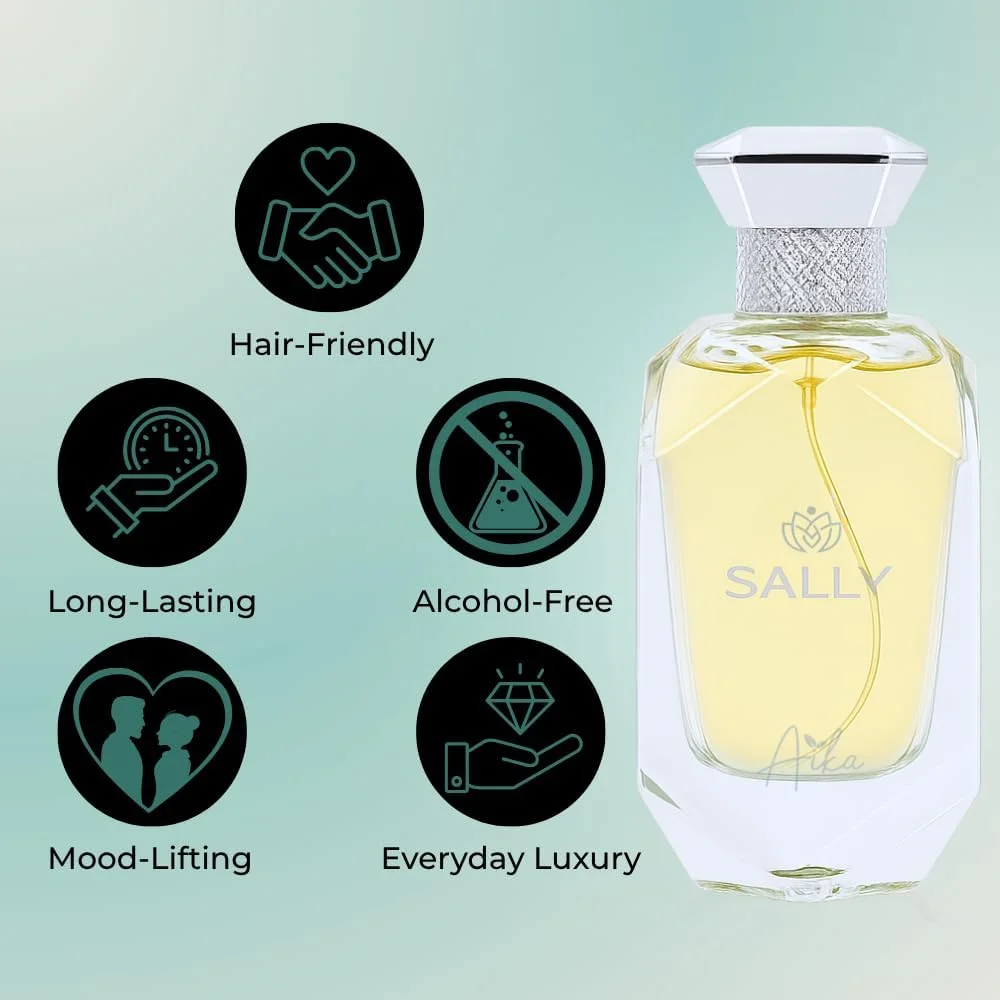عطر زنانه آیکا Sally با حجم 80 میلی لیتر، عطر ماندگار برای بدن و مو، عطر بدون الکل با رایحه ترنج، گریپ فروت، زنبق و نعناع هندی، رایحه مرکبات تازه و نت های چوبی ملایم