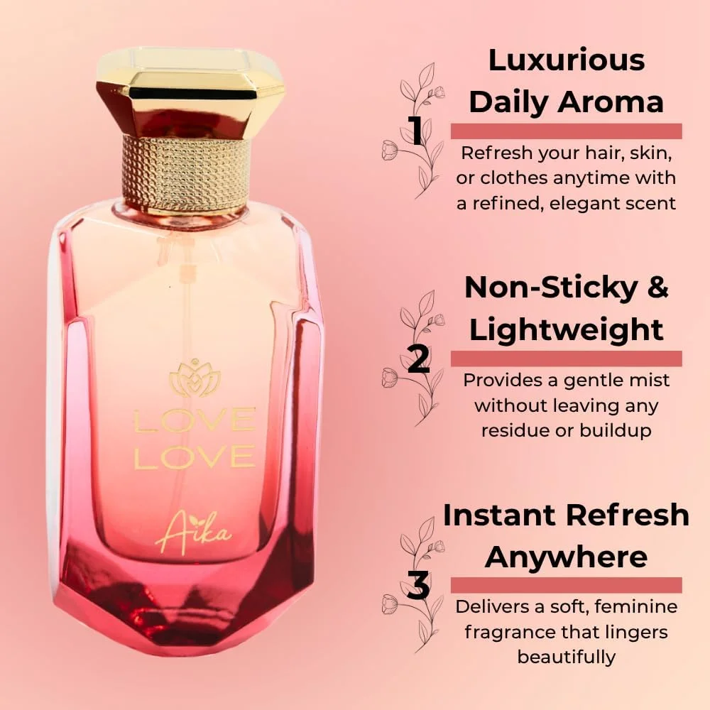 عطر زنانه آیکا Love Love حجم 80 میلی لیتر، عطر ماندگار برای بدن و مو، عطر بدون الکل با رایحه پوست پرتقال، مگنولیا، یاس و وانیل