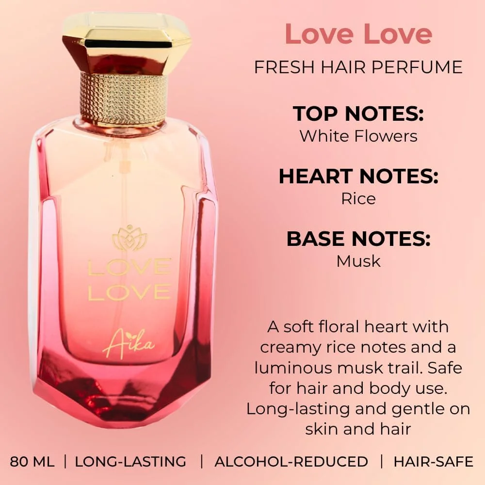 عطر زنانه آیکا Love Love حجم 80 میلی لیتر، عطر ماندگار برای بدن و مو، عطر بدون الکل با رایحه پوست پرتقال، مگنولیا، یاس و وانیل