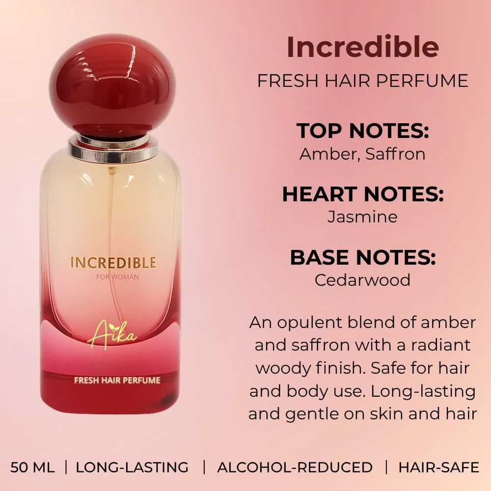 عطر زنانه آیکا 50 میلی لیتر مدل Incredible، عطر ماندگار برای بدن و مو، عطر بدون الکل زنانه با رایحه زعفران، عنبر و یاس شرقی
