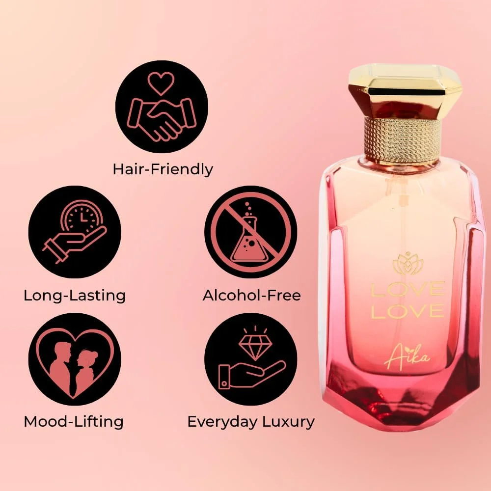 عطر زنانه آیکا Love Love حجم 80 میلی لیتر، عطر ماندگار برای بدن و مو، عطر بدون الکل با رایحه پوست پرتقال، مگنولیا، یاس و وانیل
