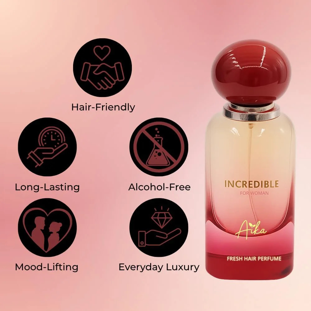عطر زنانه آیکا 50 میلی لیتر مدل Incredible، عطر ماندگار برای بدن و مو، عطر بدون الکل زنانه با رایحه زعفران، عنبر و یاس شرقی