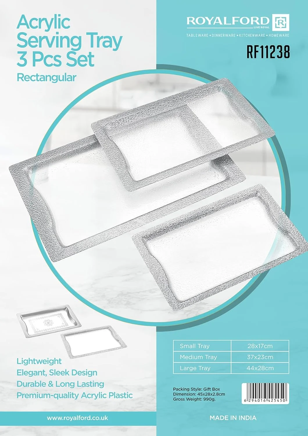 سینی سرو آکریلیک رویال فورد - RF11238 ست سینی مستطیلی با طراحی شیک و ظریف، سینی پلاستیکی بادوام و ماندگار برای سرو چای، نوشیدنی، غذا، وسایل دکوری، استفاده و نگهداری آسان - نقره ای
