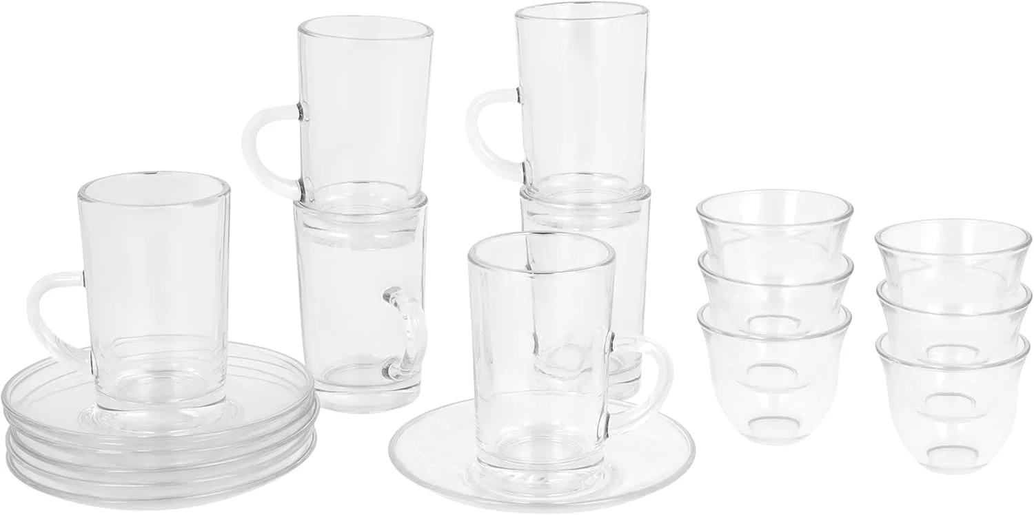 سرویس چای خوری 18 پارچه شیشه ای رویال فورد مدل RF12740 - شامل 6 فنجان 120 میلی لیتری، 6 فنجان قهوه خوری 65 میلی لیتری و 6 نعلبکی، بدنه شفاف، دسته راحت، مقاوم در برابر خراش، مناسب برای سرو قهوه