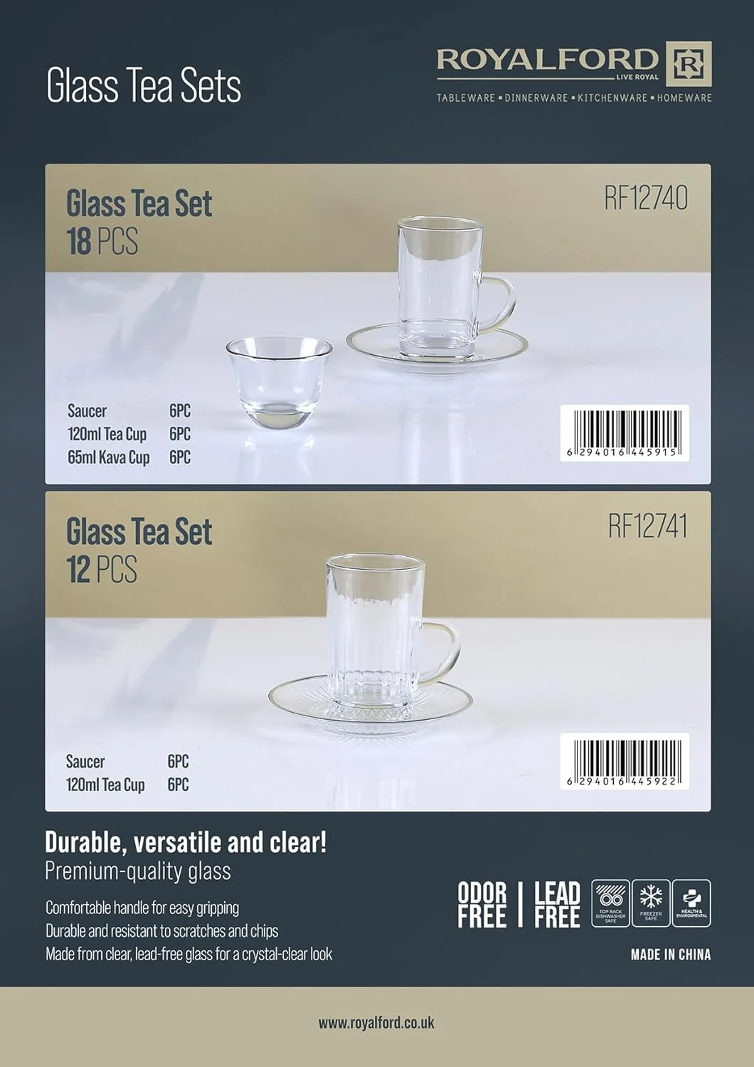 سرویس چای خوری 12 پارچه شیشه ای رویال فورد مدل RF12741 - شامل 6 فنجان و 6 نعلبکی، بدنه شفاف، دسته راحت، مقاوم در برابر خراش