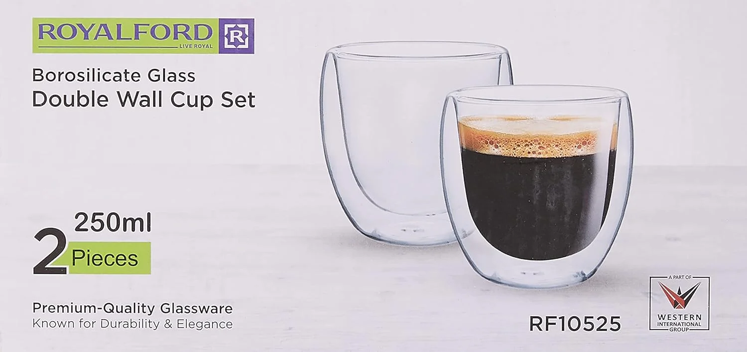 ست لیوان دوجداره رویال فورد مدل RF10525، 2 عددی، 250 میلی لیتر، طراحی کلاسیک و شیک، لیوان های عالی برای آب، آبمیوه، نوشیدنی، شراب، کوکتل و مصارف گوناگون، شفاف
