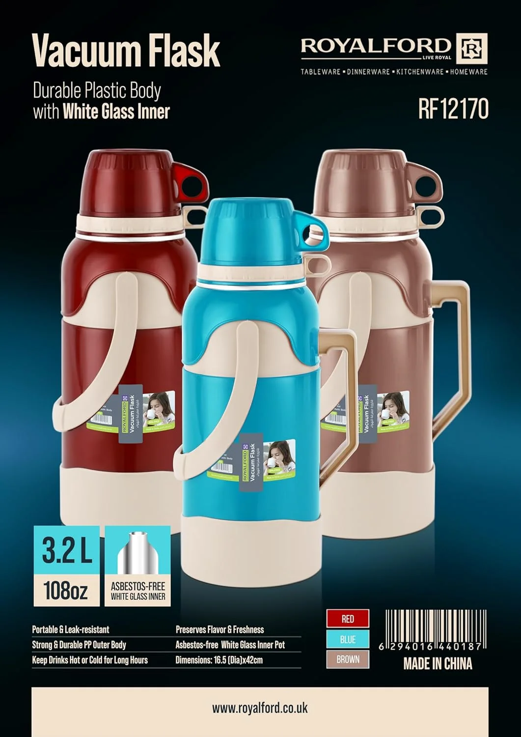 ست فلاسک وکیوم رویال فورد RF12170، فلاسک قهوه حرارتی گرم و سرد 3200 میلی لیتر، قوری چای، دیواره داخلی شیشه ای دوجداره - رنگ تصادفی