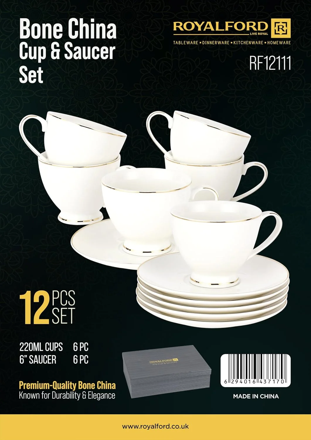 ست فنجان و نعلبکی 6 نفره رویال فورد مدل RF12111، فنجان و نعلبکی چینی استخوانی 250 میلی لیتر، نعلبکی 6 اینچی برای قهوه، لاته، چای، موکا، اسپرسو، کاپوچینو، طراحی ممتاز