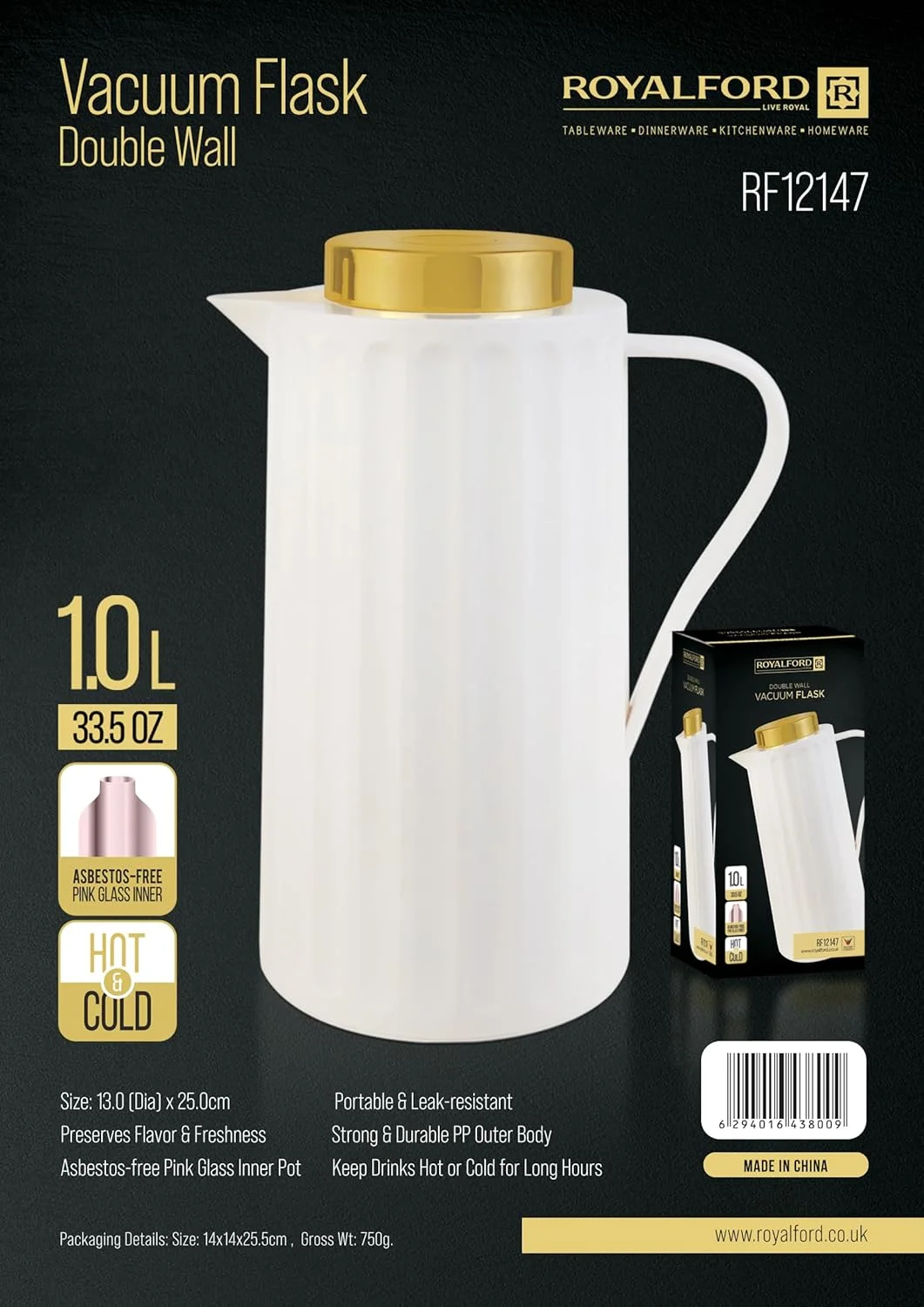ست فلاسک وکیوم رویال فورد RF12147، فلاسک قهوه حرارتی گرم و سرد 1000 میلی لیتری، قوری چای با دیواره داخلی شیشه ای دوجداره
