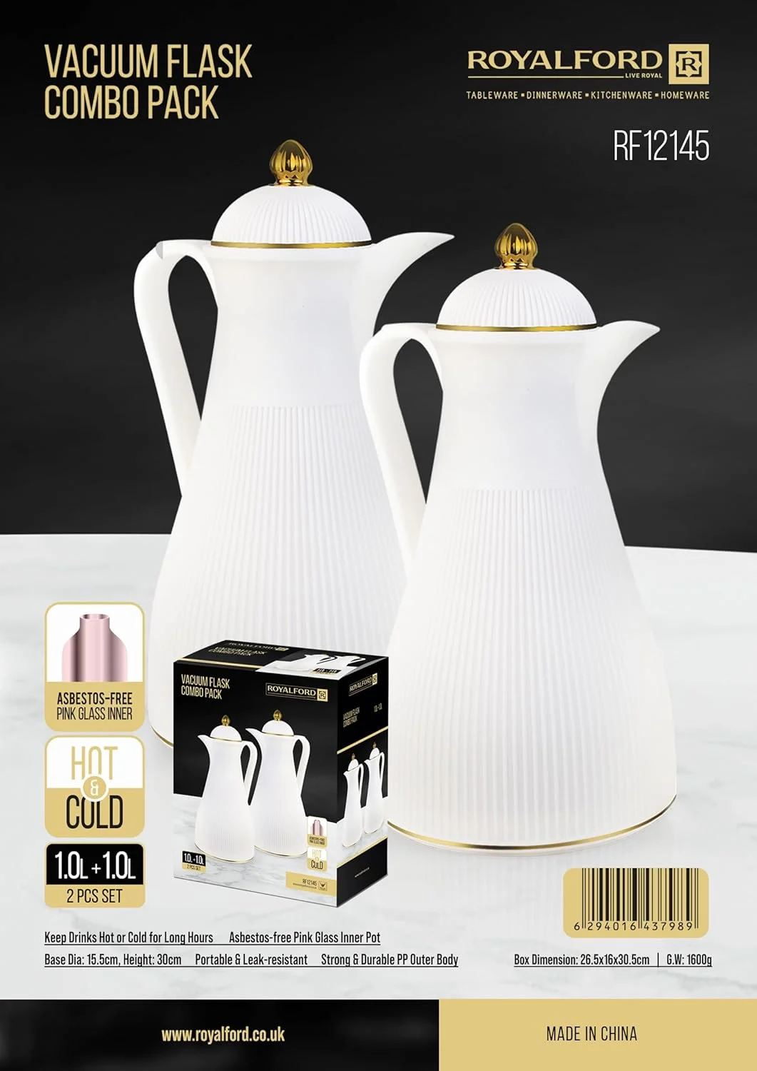 ست فلاسک وکیوم 2 عددی رویال فورد مدل RF12145، فلاسک قهوه حرارتی گرم و سرد 1000 میلی لیتری، قوری چای با دیواره داخلی شیشه ای دوجداره