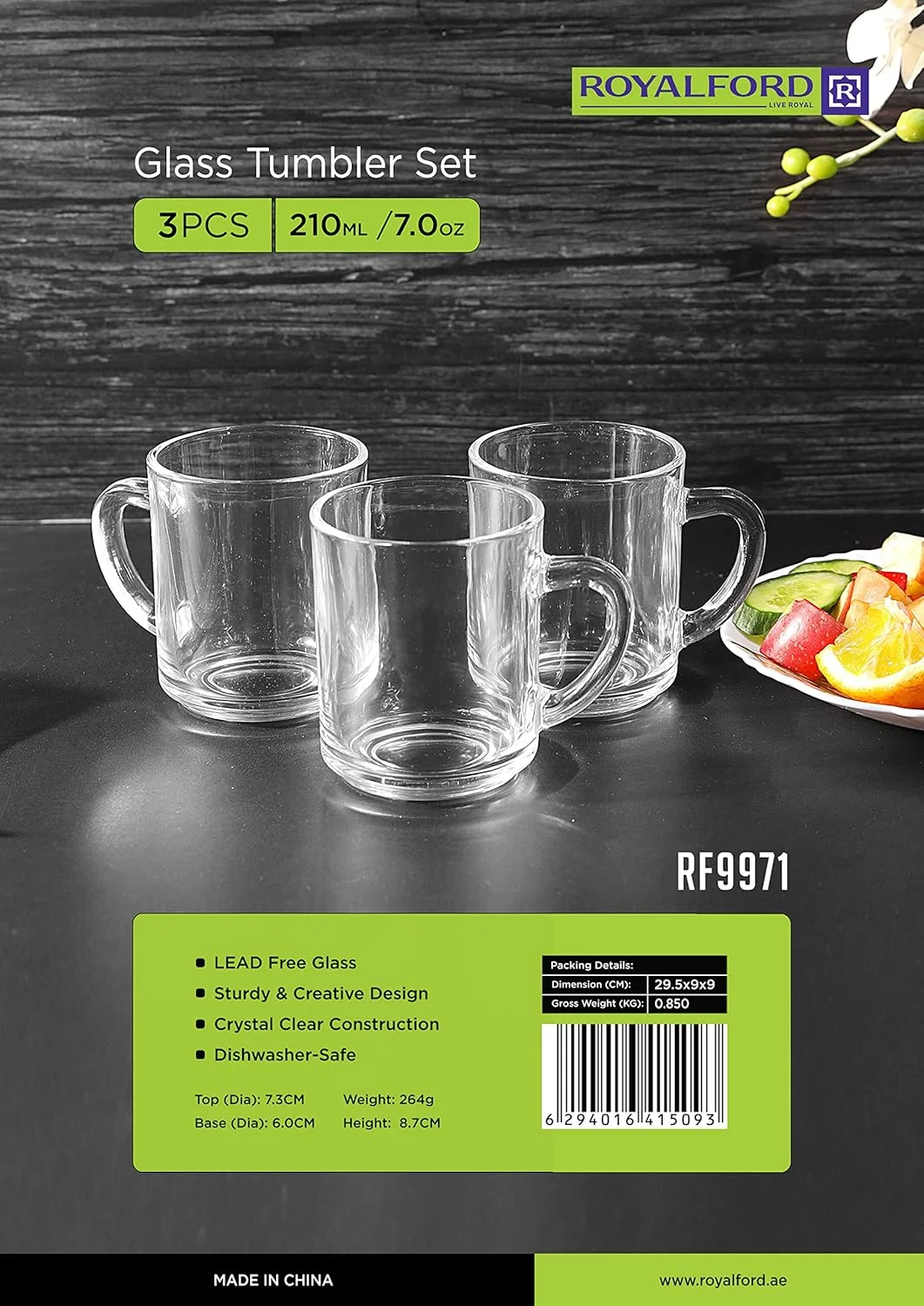 رویال فورد ماگ شیشه ای 240 میلی لیتری دسته دار 3 عددی - ماگ بزرگ قهوه، بادوام، ایمن و سبک وزن | دیواره ضخیم، بدون سرب | قابل شستشو در ماشین ظرفشویی | ایده آل برای نوشیدنی های گرم و سرد، RF9971