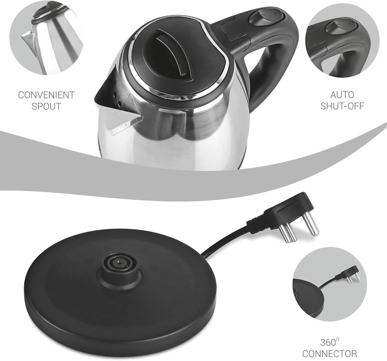 کتری برقی استیل میلتون سری یورو لاین مدل Go Electro 1.2، (تک)، 1.2 لیتر، نقره ای | نشانگر روشن/خاموش | 1500 وات | قطع کن خودکار | اتصال 360 درجه جداشدنی | کتری برای آب جوش