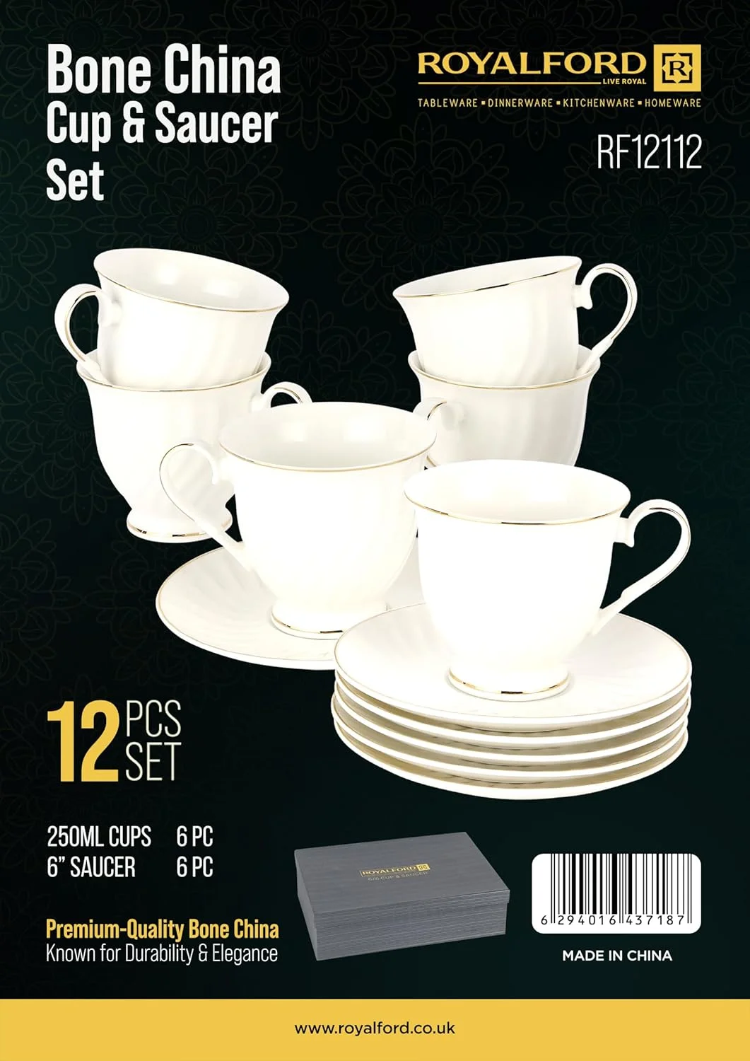 ست فنجان و نعلبکی 6 نفره رویال فورد مدل RF12112 چینی استخوانی 12 پارچه فنجان و نعلبکی 250 میلی لیتر مقاوم در برابر حرارت، مقاوم در برابر خراش برای قهوه، چای، لاته، کاپوچینو، موکا مجموعه ممتاز