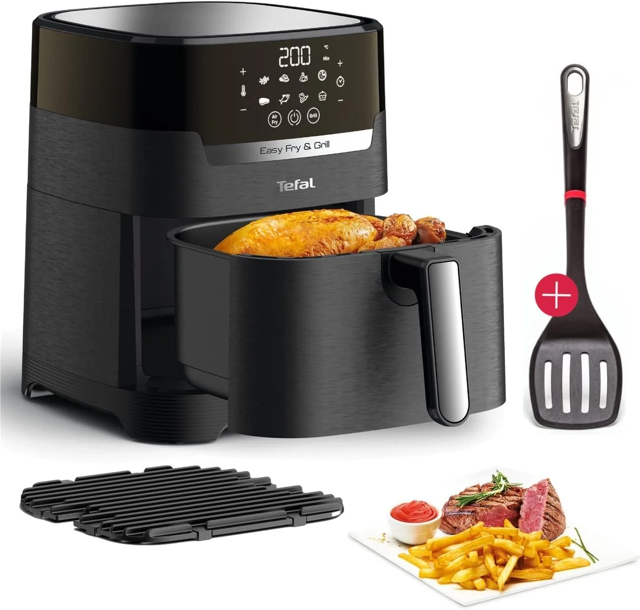 سرخ کن و گریل تفال مدل Fry & Grill Power 2-in-1 | 1400 وات | 4.2 لیتر | سرخ کن هوا + کتاب دستور پخت دیجیتال و کفگیر Ingenio | صفحه گریل آلومینیومی دایکاست | 8 برنامه پخت | مناسب تا 6 نفر