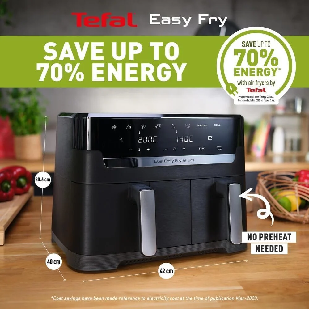 سرخ کن بدون روغن دوقلو تفال مدل Dual Easy Fry با ظرفیت 8.3 لیتر، دارای دو کشو، مناسب برای وعده های غذایی کامل خانواده، 7 برنامه از پیش تعیین شده، قطعات قابل شستشو در ماشین ظرفشویی، اپلیکیشن اختصاصی | EY901840 انحصاری آنلاین - مشکی و استیل سرخ کن بدون روغن دوقلو تفال مدل Dual Easy Fry با ظرفیت 8.3 لیتر، دارای دو کشو، مناسب برای وعده های غذایی کامل خانواده، 7 برنامه از پیش تعیین شده، قطعات قابل شستشو در ماشین ظرفشویی، اپلیکیشن اختصاصی | EY901840 انحصاری آنلاین - مشکی و استیل