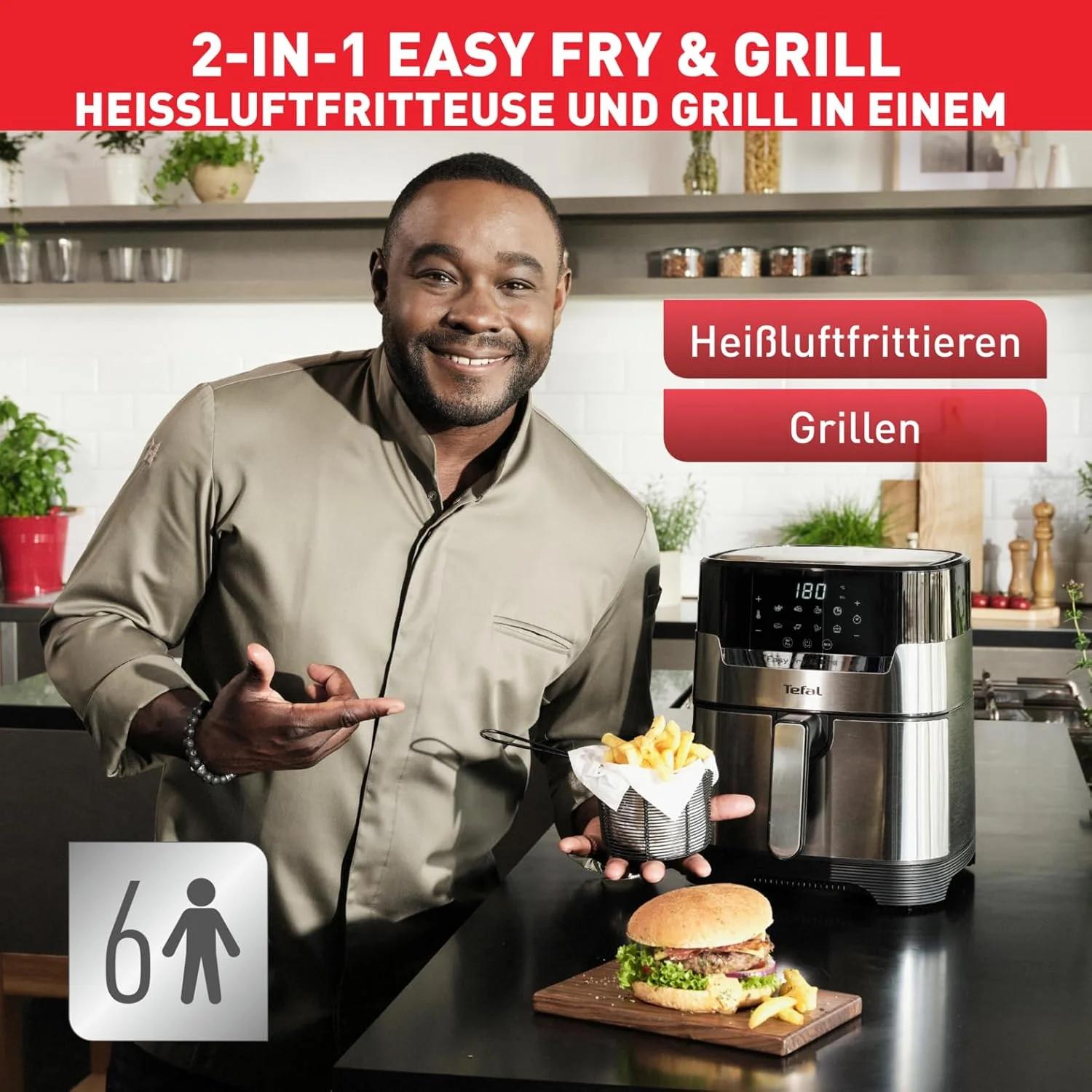سرخ کن و گریل هوا داغ تفال مدل EY505D Easy Fry & Grill Deluxe، تکنولوژی 2 در 1 (سرخ کن هوا داغ و گریل)، ظرفیت 4.2 لیتر، 8 برنامه اتوماتیک، تایمر، استیل ضد زنگ