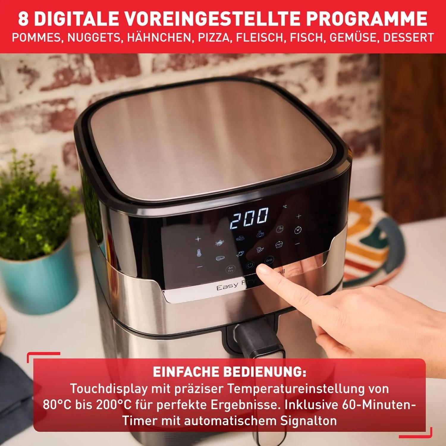سرخ کن و گریل هوا داغ تفال مدل EY505D Easy Fry & Grill Deluxe، تکنولوژی 2 در 1 (سرخ کن هوا داغ و گریل)، ظرفیت 4.2 لیتر، 8 برنامه اتوماتیک، تایمر، استیل ضد زنگ