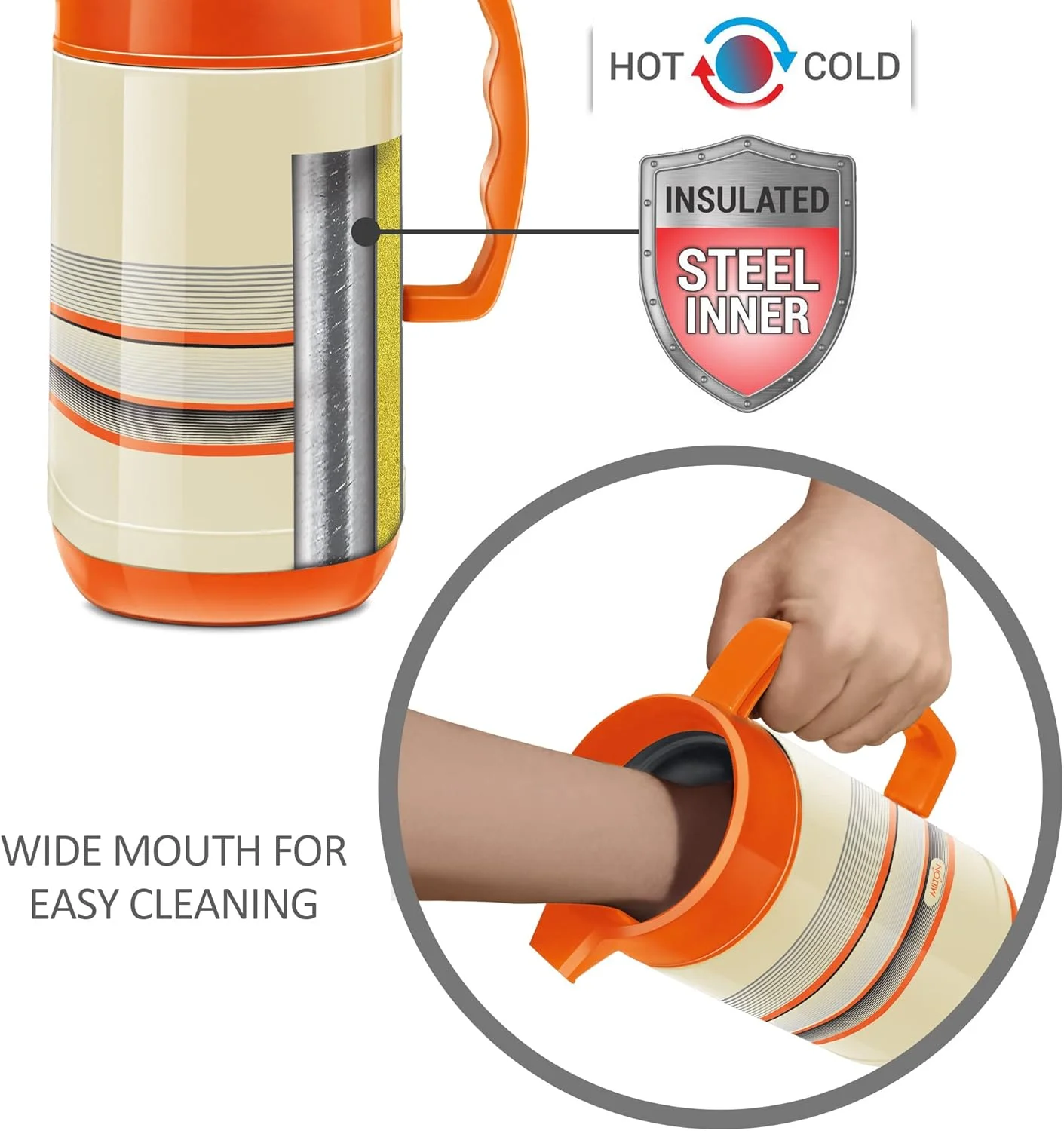 پارچ استیل دوجداره میلتون مدل Regal Tuff، 1.5 لیتر، 1 عدد، نارنجی | فاقد BPA | مناسب برای نوشیدنی های گرم و سرد | حمل آسان | ضد نشت | چای | قهوه | آب | نوشیدنی های گرم