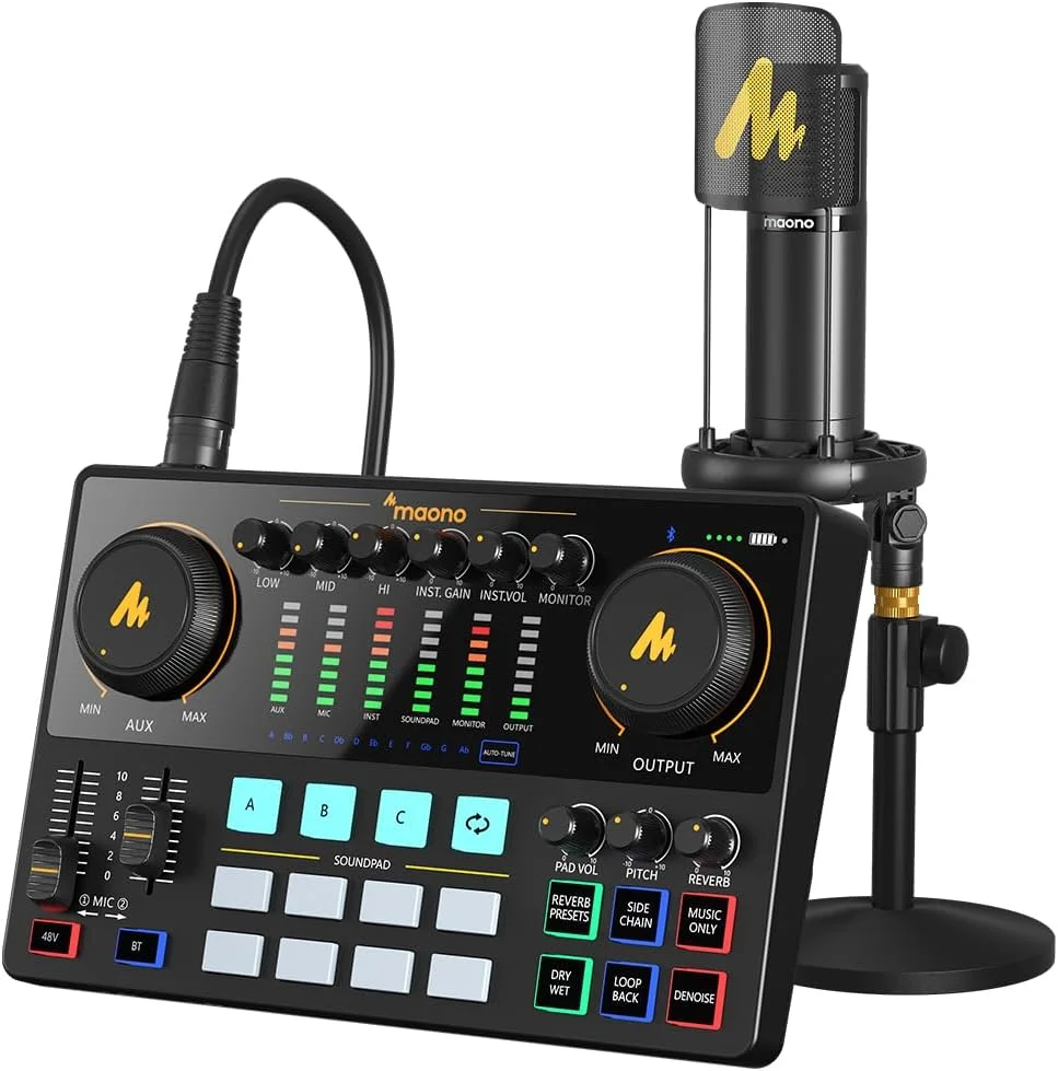 بسته تجهیزات پادکست MAONO - کارت صدا - میکروفون کاندنسر XLR - MAONO MaonoCaster - همه در یک - استودیوی تولید پادکست برای ضبط پادکست، استریم، یوتیوب، دی جی، کامپیوتر، تلفن هوشمند (AME2A)