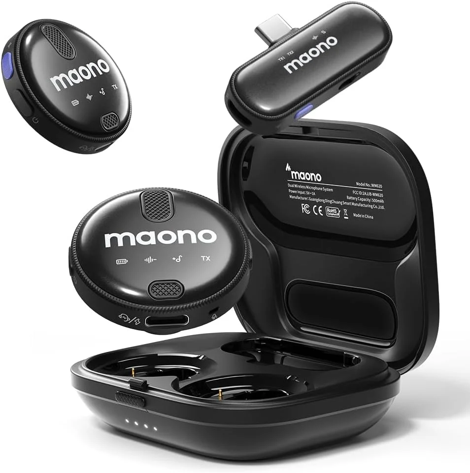 میکروفون یقه ای بی سیم MAONO برای آیفون 15 و اندروید، میکروفون یقه ای بی سیم USB C با کیفیت 48 کیلوهرتز/16 بیت، حذف نویز، برد 328 فوت، باتری 18 ساعته برای یوتیوب، ولاگ، ضبط ویدیو، استریم