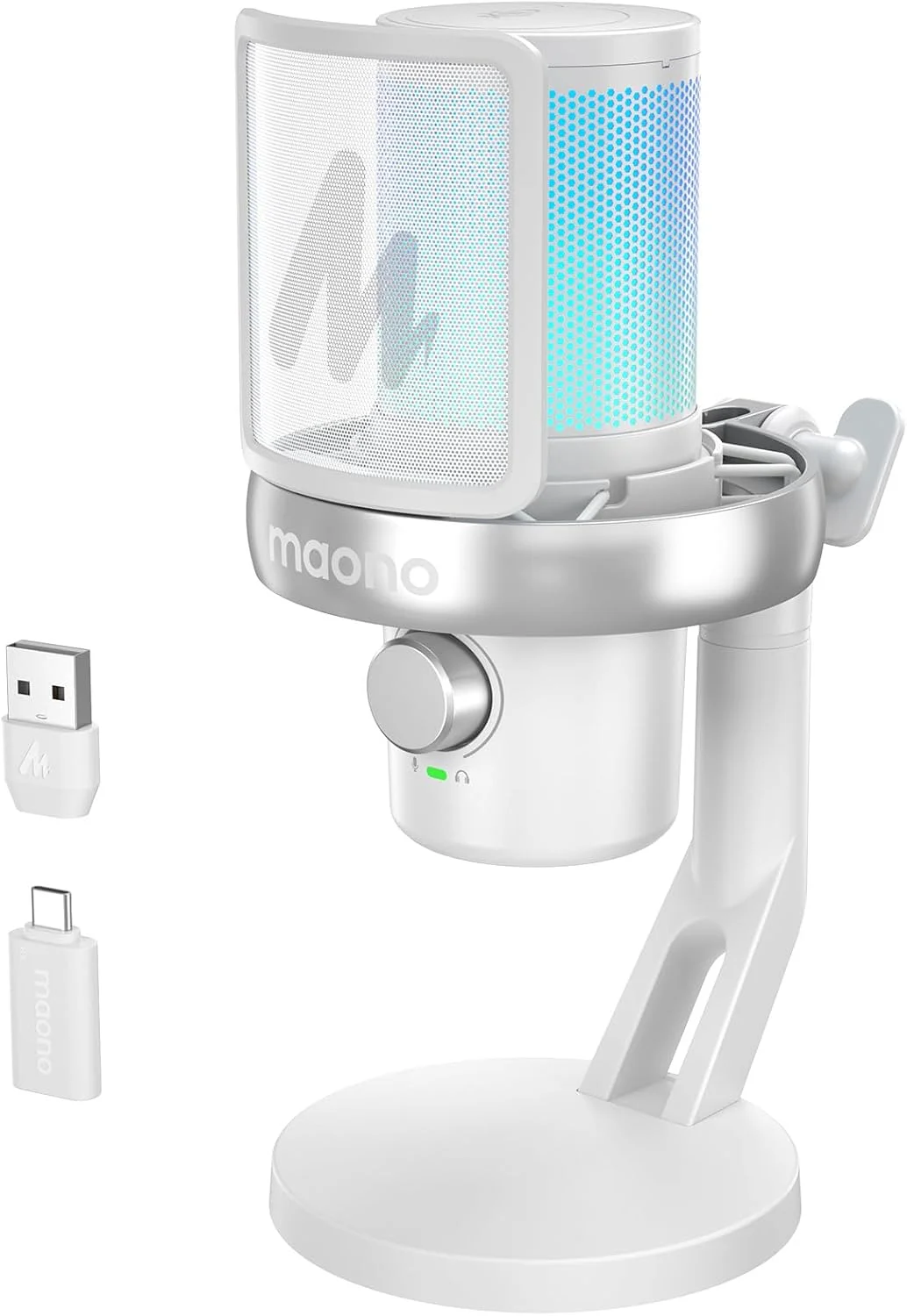 میکروفون USB بی سیم MAONO برای کامپیوتر، میکروفون استریمینگ گیمینگ با نرم افزار تغییر صدای هوش مصنوعی، حذف نویز 3 سطحی، EQ سفارشی، کنترل گین میکروفون برای ضبط پادکست کامپیوتر لپ تاپ - DM40 Pro سفید