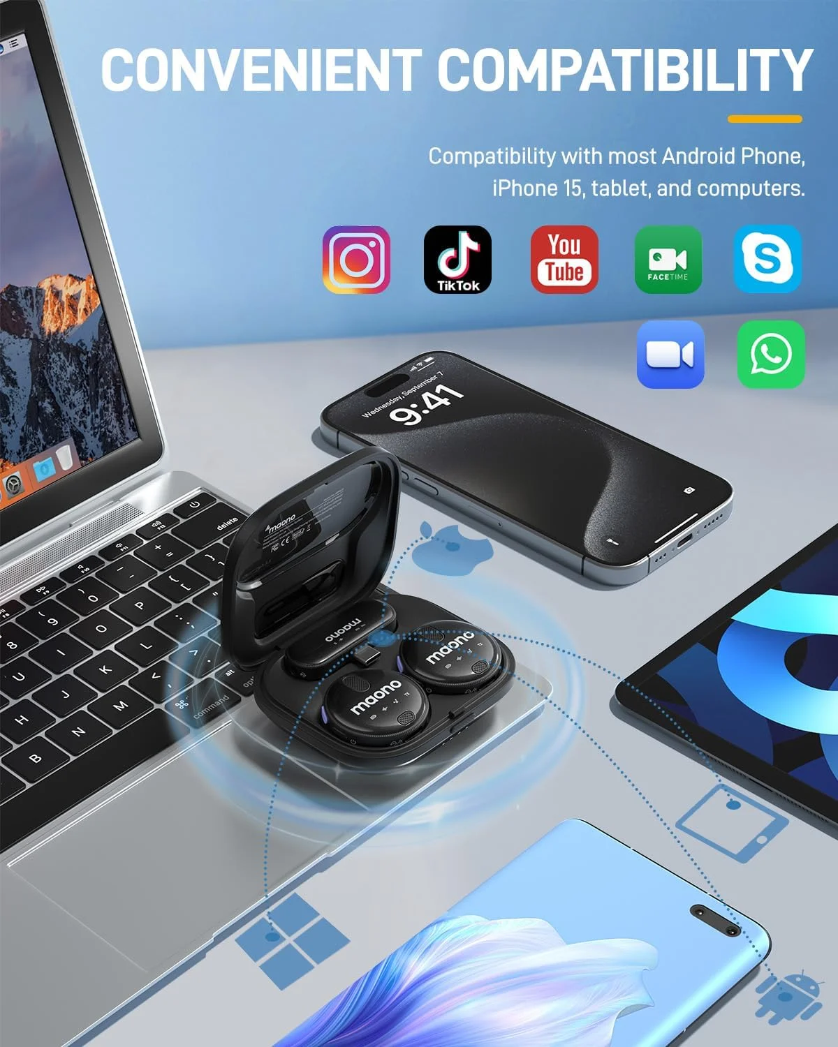 میکروفون یقه ای بی سیم MAONO برای آیفون 15 و اندروید، میکروفون یقه ای بی سیم USB C با کیفیت 48 کیلوهرتز/16 بیت، حذف نویز، برد 328 فوت، باتری 18 ساعته برای یوتیوب، ولاگ، ضبط ویدیو، استریم میکروفون یقه ای بی سیم MAONO برای آیفون 15 و اندروید، میکروفون یقه ای بی سیم USB C با کیفیت 48 کیلوهرتز/16 بیت، حذف نویز، برد 328 فوت، باتری 18 ساعته برای یوتیوب، ولاگ، ضبط ویدیو، استریم
